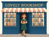 Frau im grünen Kleid trägt ein Buch im Arm, kommt aus einer Buchhandlung mit dem Titel Lovely Bookshop.